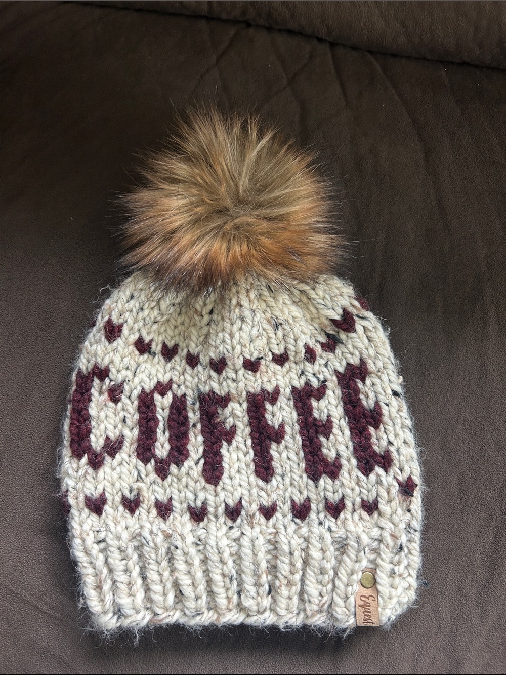 Cream Knit Pom Beanie with Burgundy 'COFFEE' Lettering